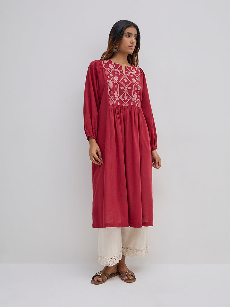 Utsa Maroon Embroidered Cotton A-Line Kurta