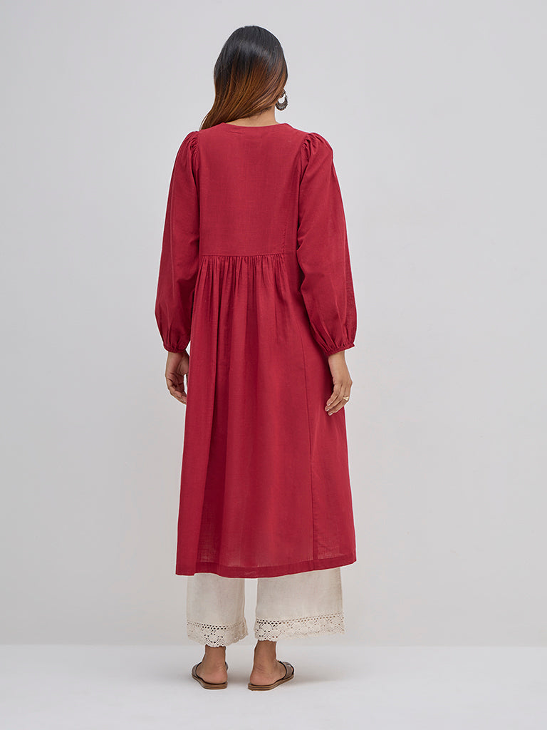 Utsa Maroon Embroidered Cotton A-Line Kurta