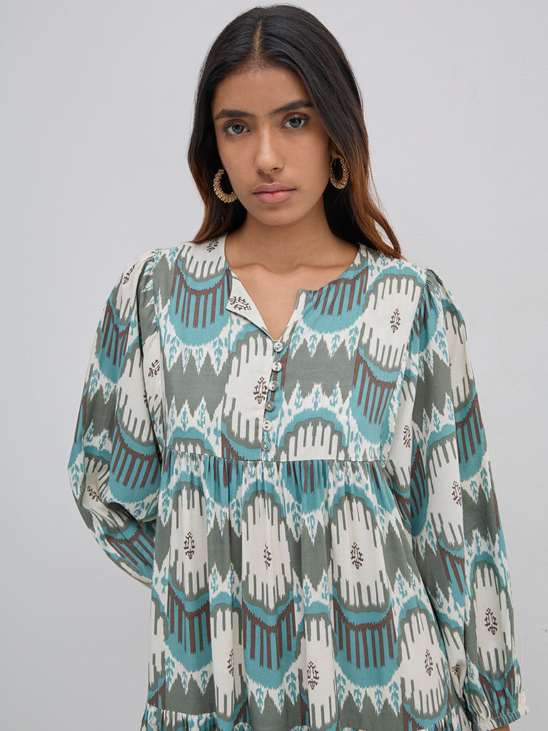Utsa Teal Ikat Printed Tiered Dress