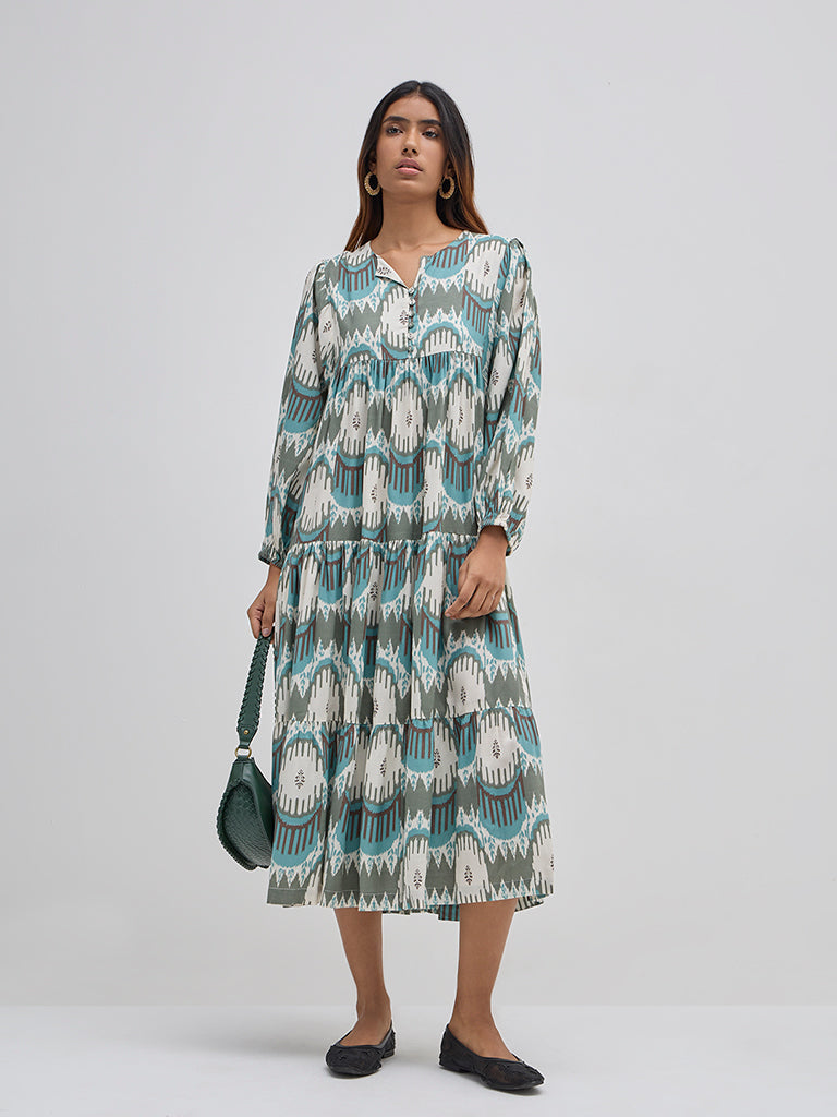 Utsa Teal Ikat Printed Tiered Dress