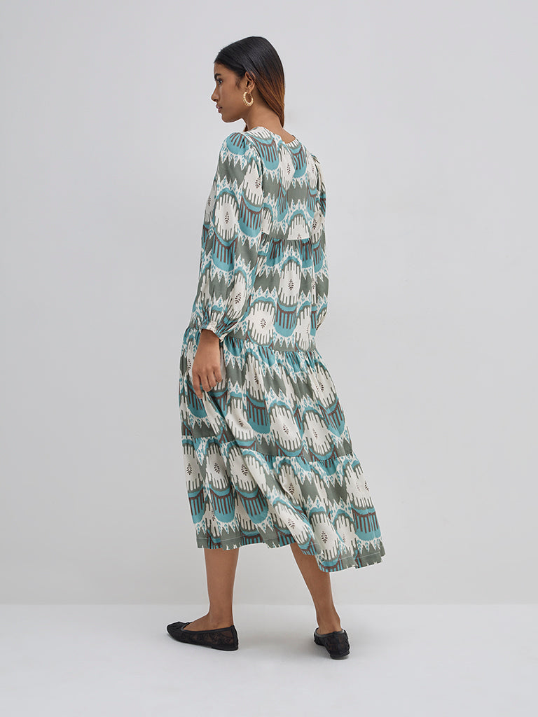 Utsa Teal Ikat Printed Tiered Dress