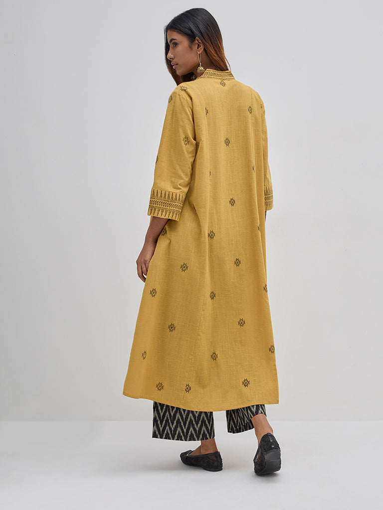 Utsa Mustard Ikat-Embroidered Cotton A-Line Kurta