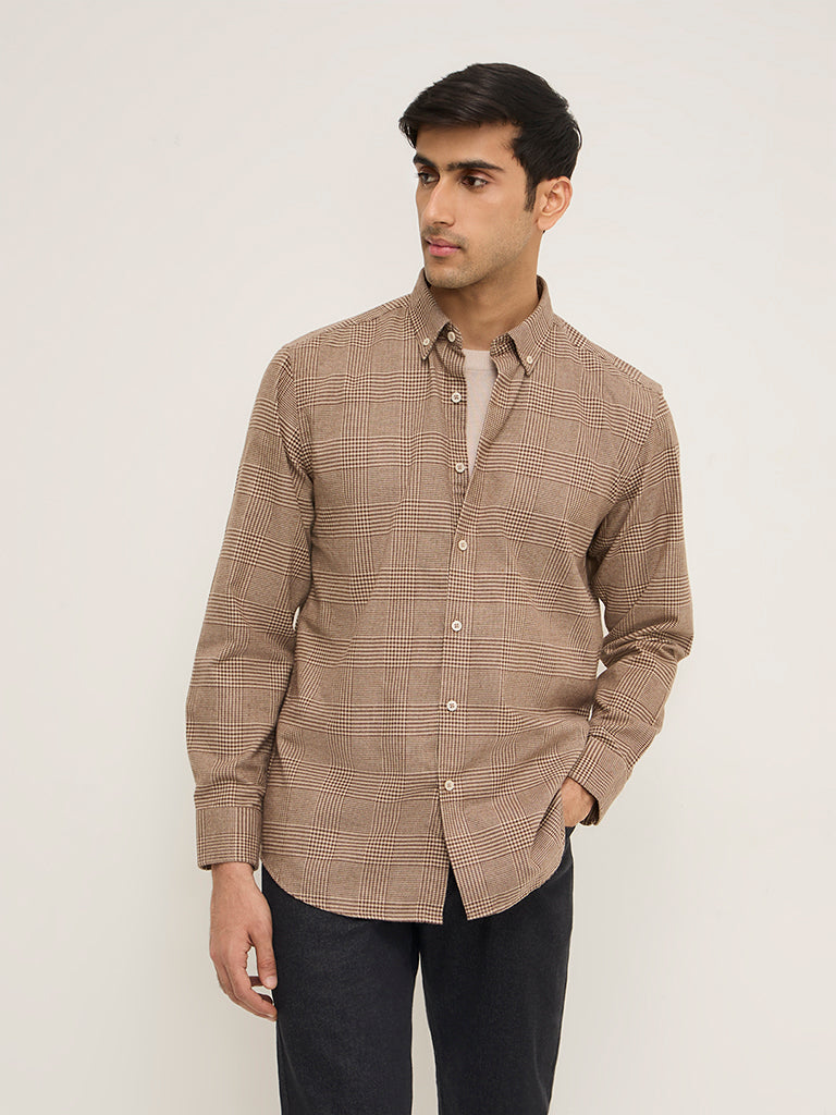 Ascot Brown Checks Design Relaxed-Fit Cotton-Blend Shirt