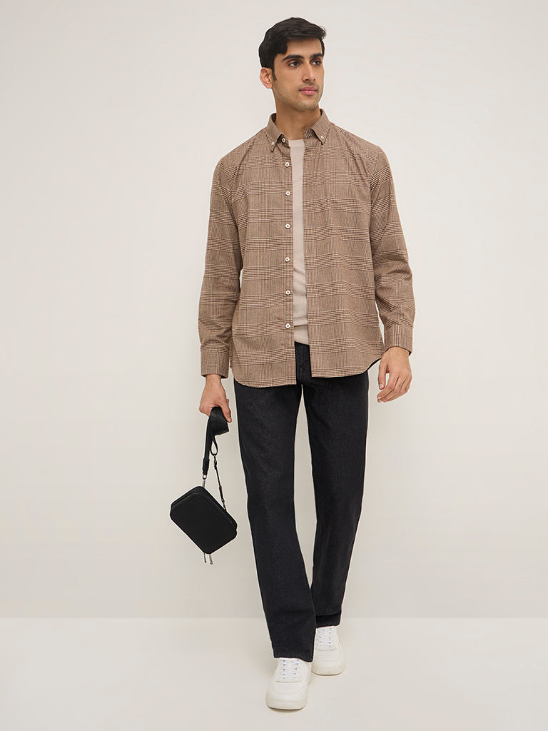 Ascot Brown Checks Design Relaxed-Fit Cotton-Blend Shirt