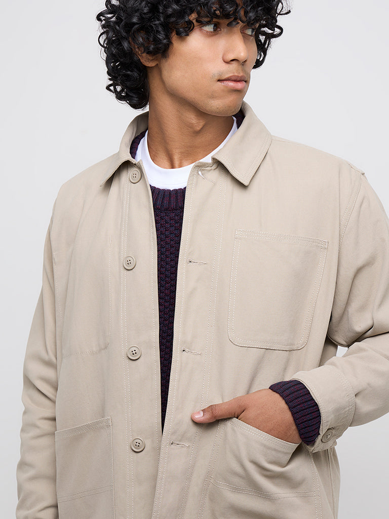 WES Casuals Beige Relaxed-Fit Cotton Jacket