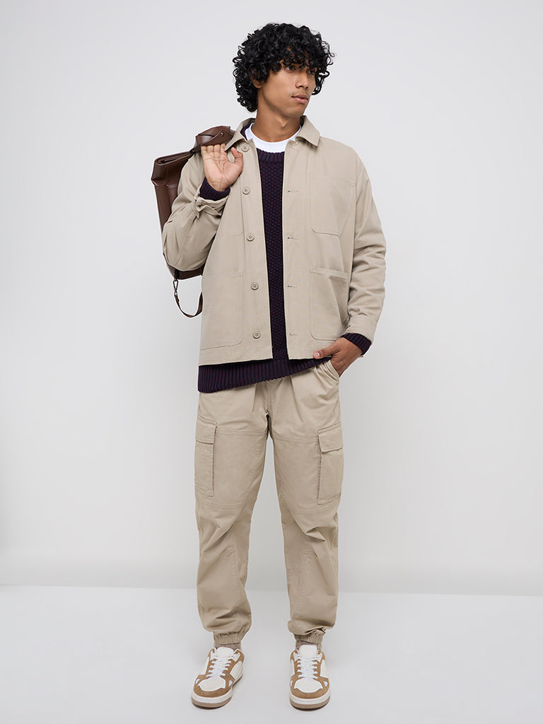 WES Casuals Beige Relaxed-Fit Cotton Jacket