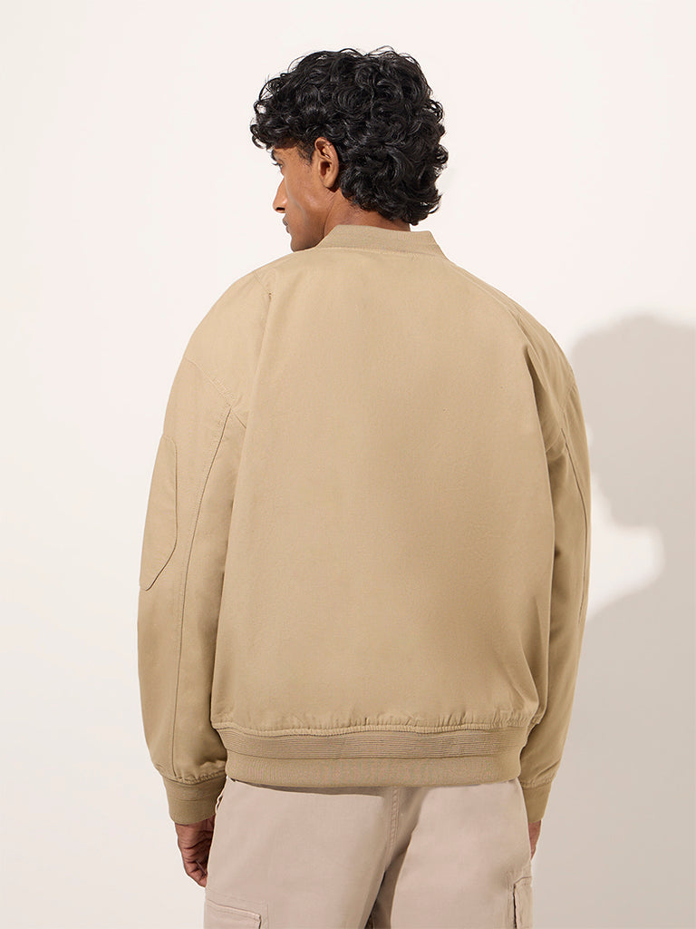 Westside WES Casuals Men's Beige Relaxed-Fit Cotton Jacket for Casual Wear Back View
