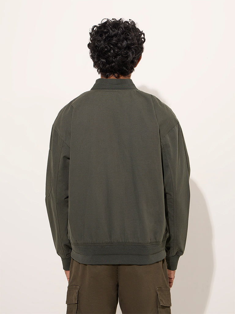 Westside WES Casuals Men's Olive Relaxed-Fit Cotton Jacket for Casual Wear Back View