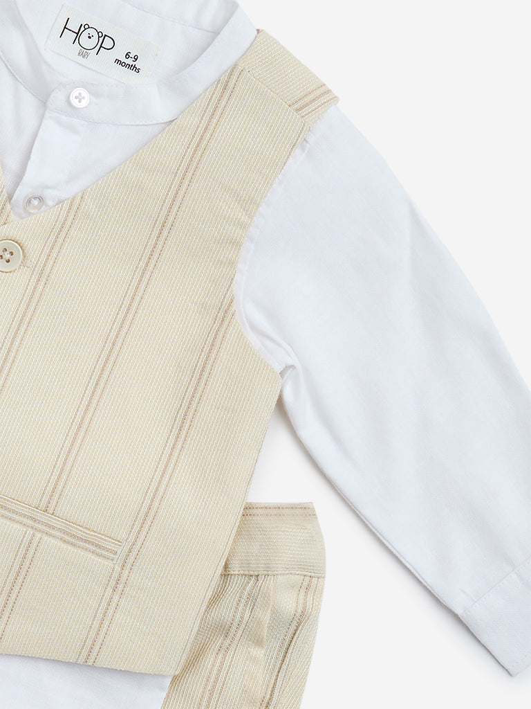 Westside HOP Baby Boy's Beige Striped Waistcoat, Cotton Shirt and Mid-Rise Pants Set for Casual Wear Zoomed View