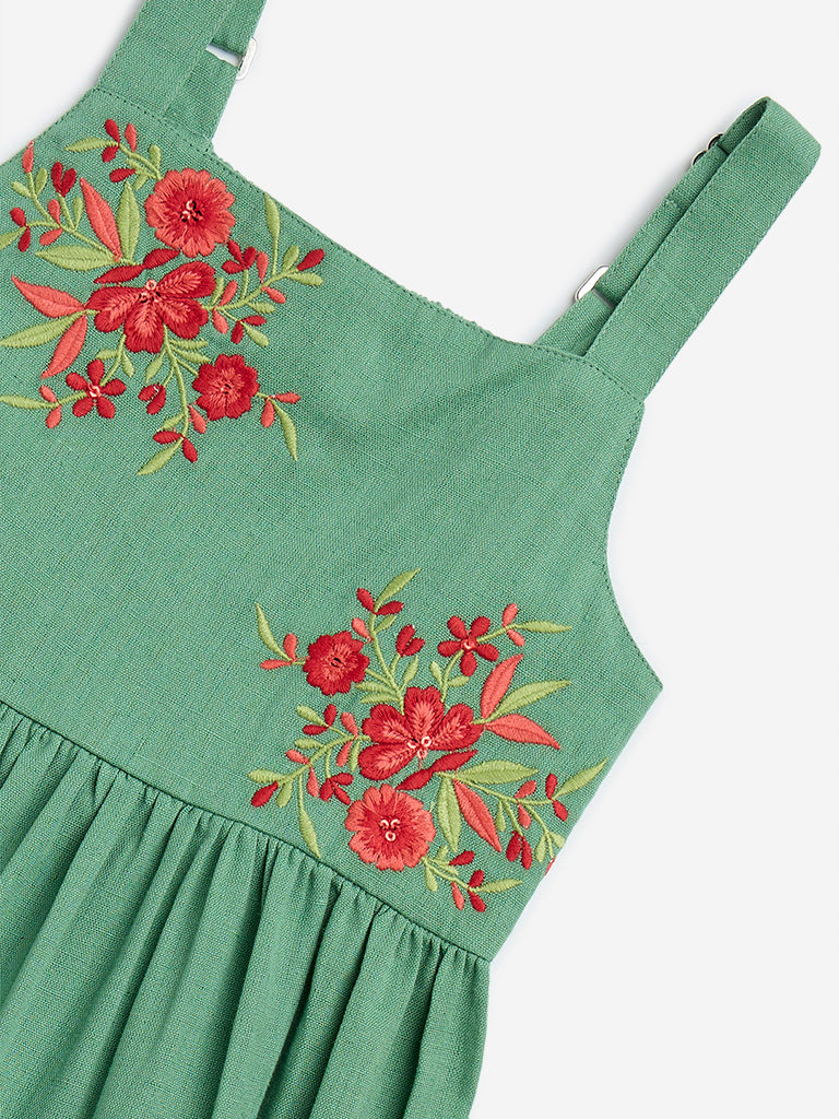 Westside Utsa Kids Green Floral Embroidered Cotton-Blend Tiered Dress - (2 - 8 yrs) for Ethnic Wear Zoomed View