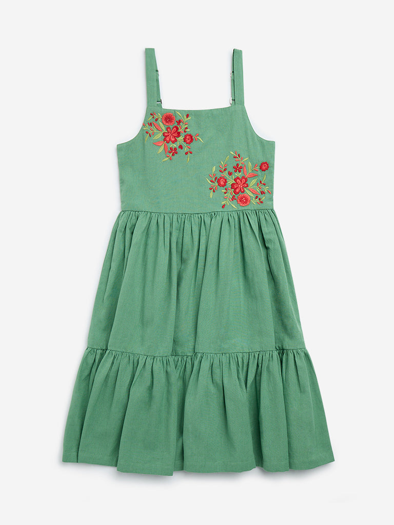 Utsa Kids Green Floral Embroidered Cotton-Blend Tiered Dress - (8 - 14yrs)