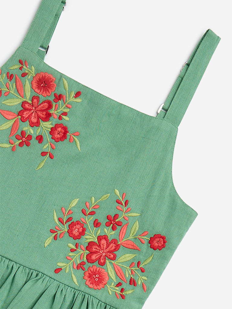 Westside Utsa Kids Green Floral Embroidered Cotton-Blend Tiered Dress - (8 - 14yrs) for Ethnic Wear Zoomed View