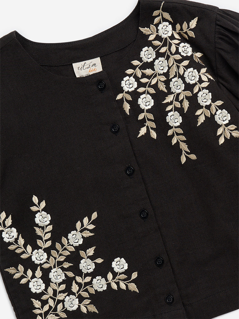 Westside Utsa Kids Black Floral Embroidered Cotton-Blend Top (8-14yrs) for Ethnic Wear Zoomed View