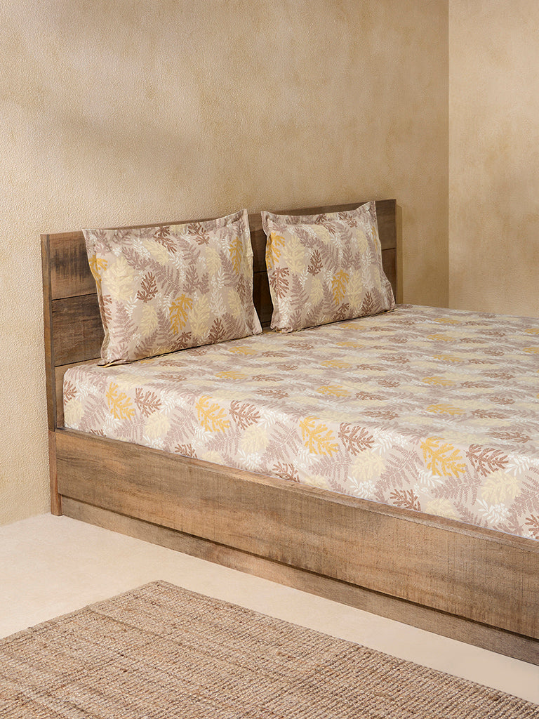Westside Home Ochre Foliage Double Bed Flat Sheet and Pillowcase Set