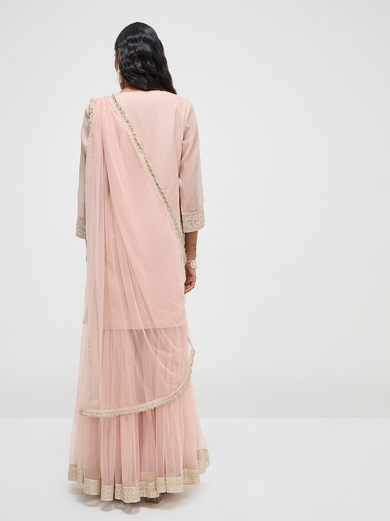 Vark Light Pink Embroidered Cotton-Blend A-Line Kurti, Sharara and Dupatta Set