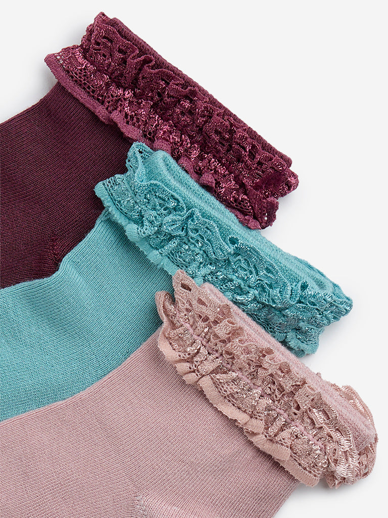 Westside HOP Kids Mauve Lace-Detailed Cotton-Blend Socks - Pack of 3 for Casual Wear Zoomed View