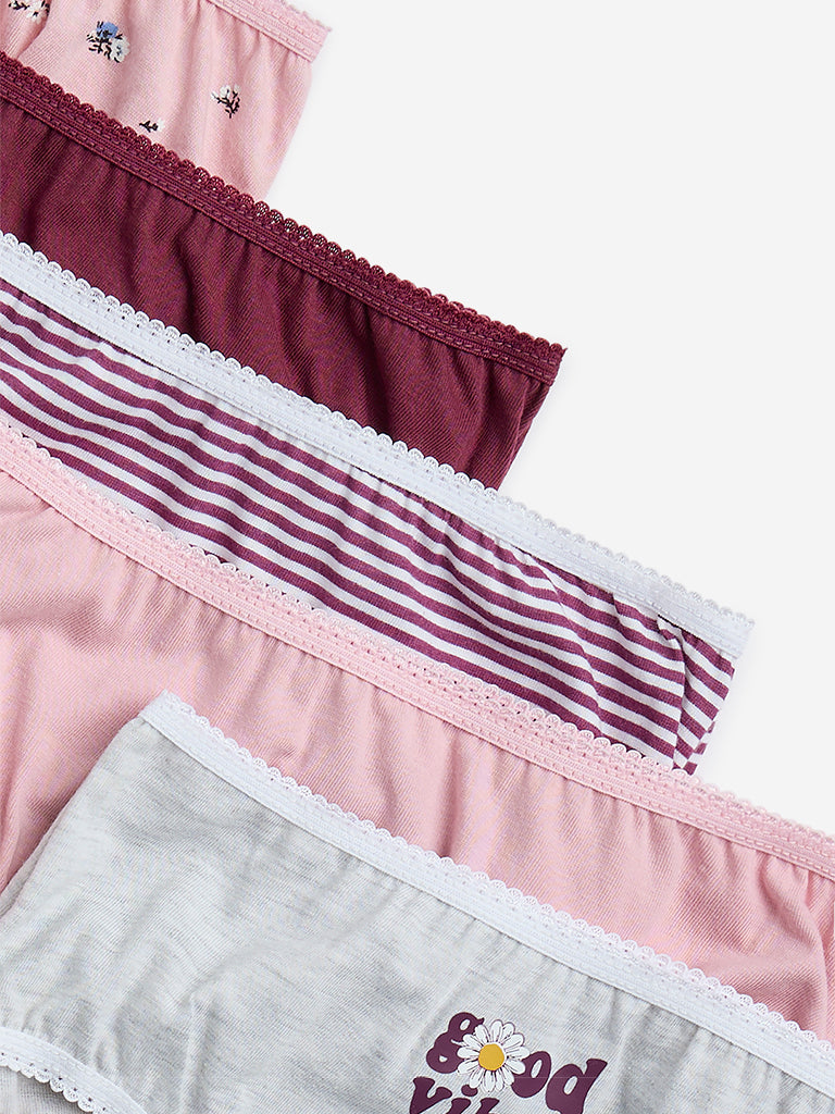 Westside Y&F Girl's Purple Floral Printed Cotton Briefs - Pack of 5 for Casual Wear Zoomed View