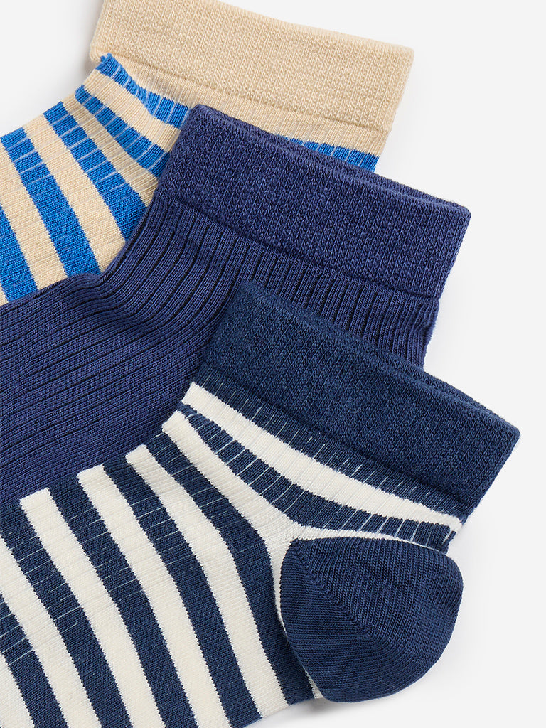 Westside Y&F Boy's Blue Striped Cotton-Blend Socks Pack of 3 for Casual Wear Zoomed View
