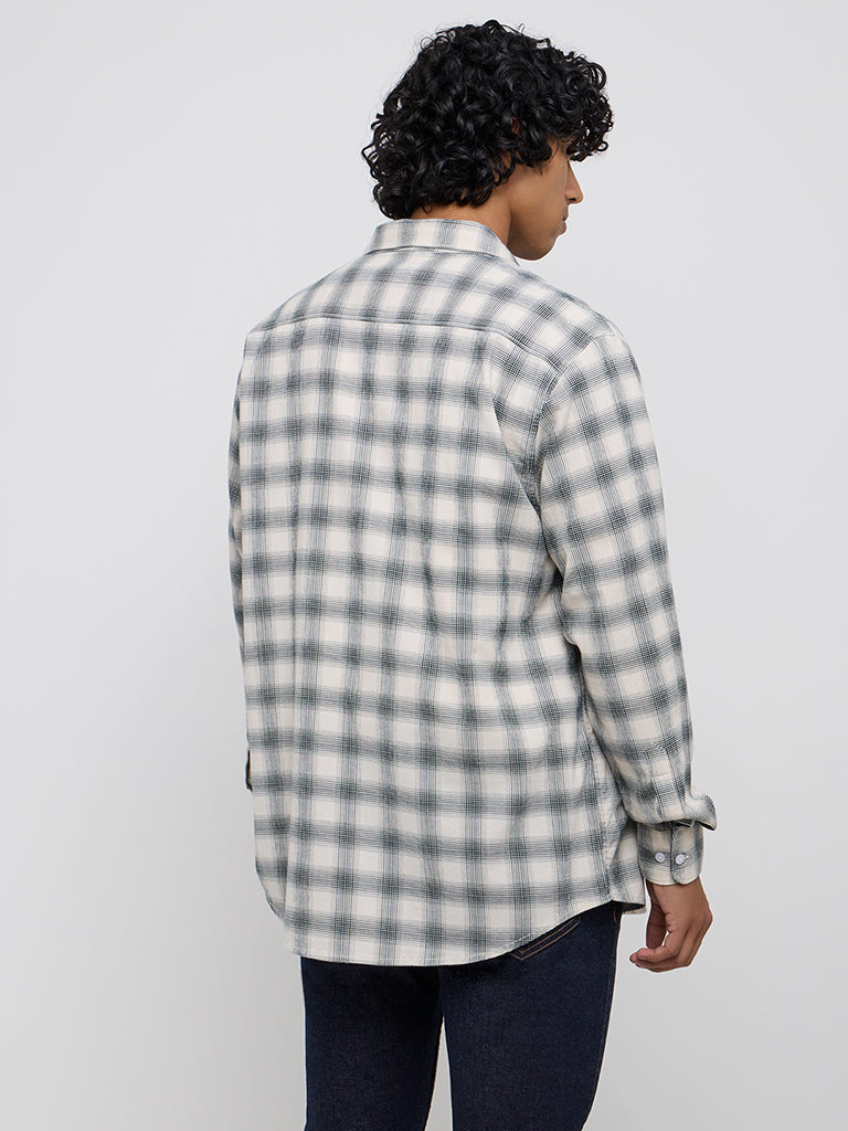 Westside WES Casuals Men's Green Checkered Relaxed-Fit Cotton-Blend Shirt for Casual Wear Back View
