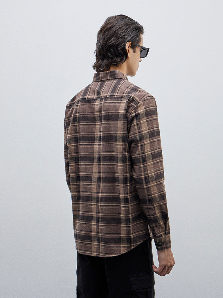 Westside WES Casuals Men's Brown Checkered Relaxed-Fit Cotton-Blend Shirt for Casual Wear Back View