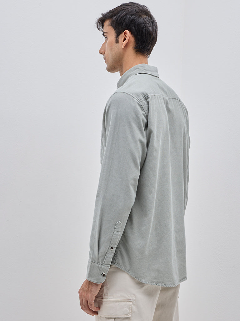 Westside WES Casuals Men's Sage Relaxed-Fit Corduroy Cotton Shirt for Casual Wear Back View