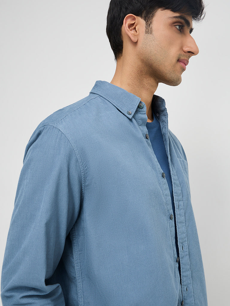 WES Casuals Dusty Blue Corduroy Relaxed-Fit Cotton Shirt