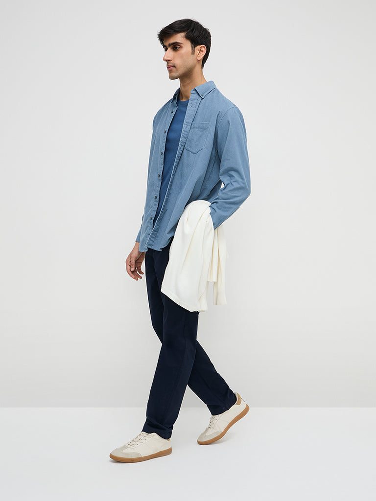 WES Casuals Dusty Blue Corduroy Relaxed-Fit Cotton Shirt
