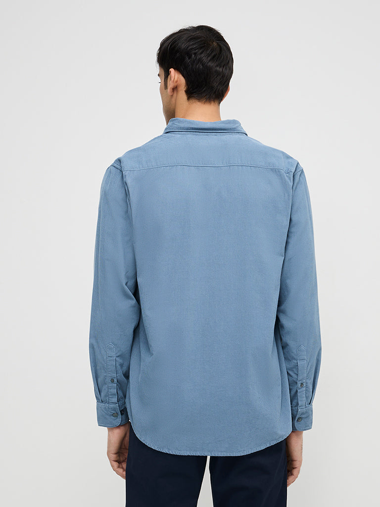 Westside WES Casuals Men's Dusty Blue Corduroy Relaxed-Fit Cotton Shirt for Casual Wear Back View