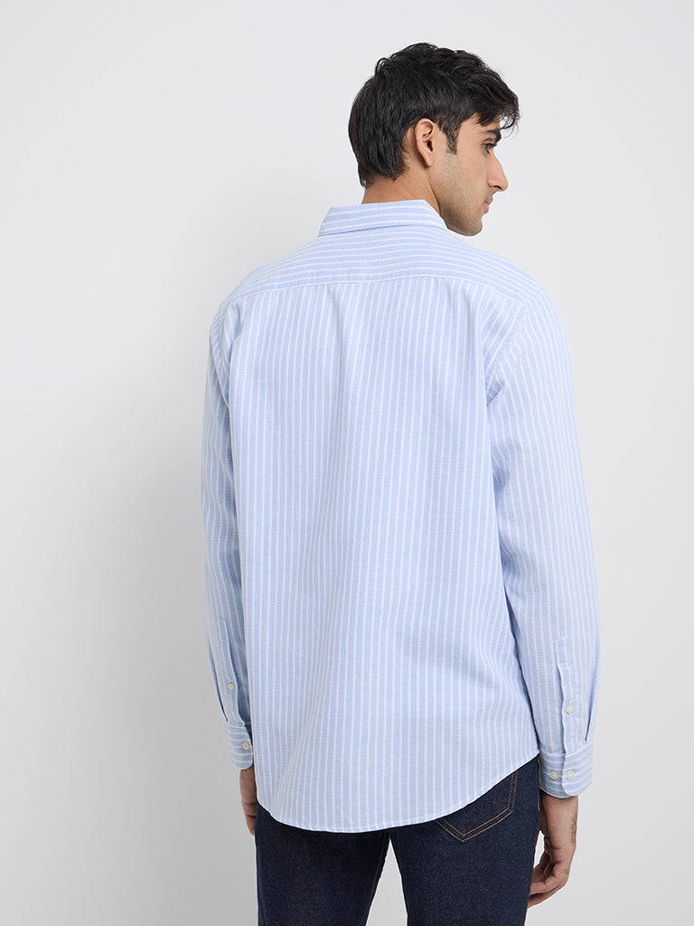 Westside WES Casuals Men's Blue Stripe Printed Relaxed-Fit Cotton Shirt for Casual Wear Back View