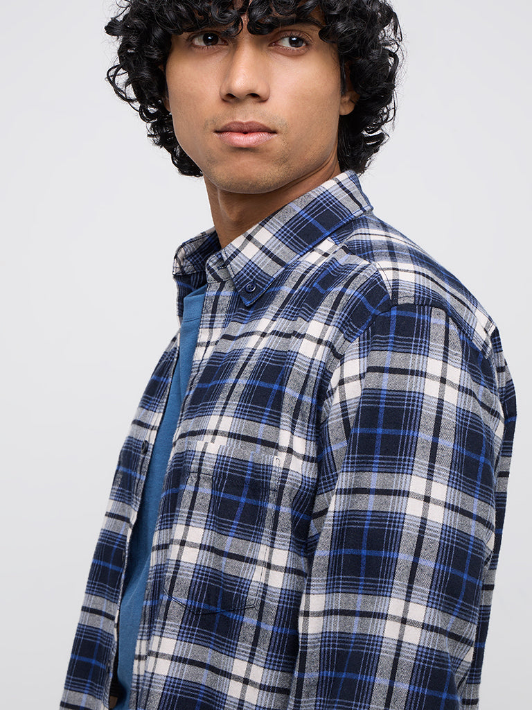 WES Casuals Navy Checkered Relaxed-Fit Cotton Shirt