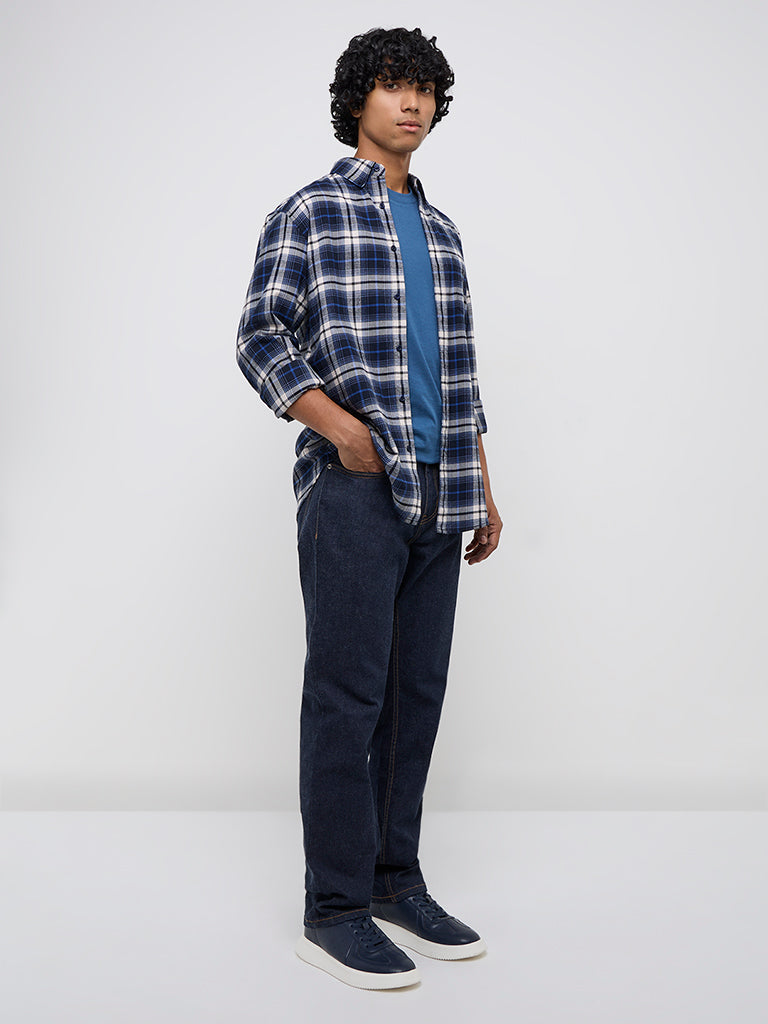 WES Casuals Navy Checkered Relaxed-Fit Cotton Shirt