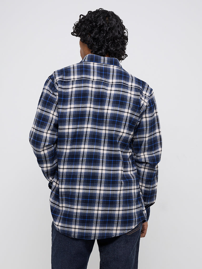 Westside WES Casuals Men's Navy Checkered Relaxed-Fit Cotton Shirt for Casual Wear Back View