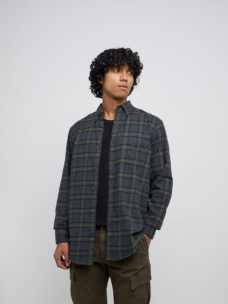 WES Casuals Dark Green Checkered Relaxed-Fit Cotton-Blend Shirt
