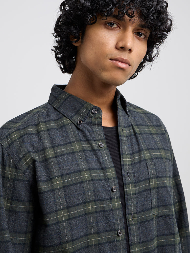 WES Casuals Dark Green Checkered Relaxed-Fit Cotton-Blend Shirt