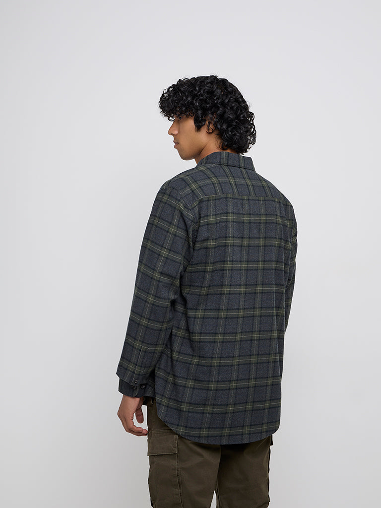 Westside WES Casuals Men's Dark Green Checkered Relaxed-Fit Cotton-Blend Shirt for Casual Wear Back View
