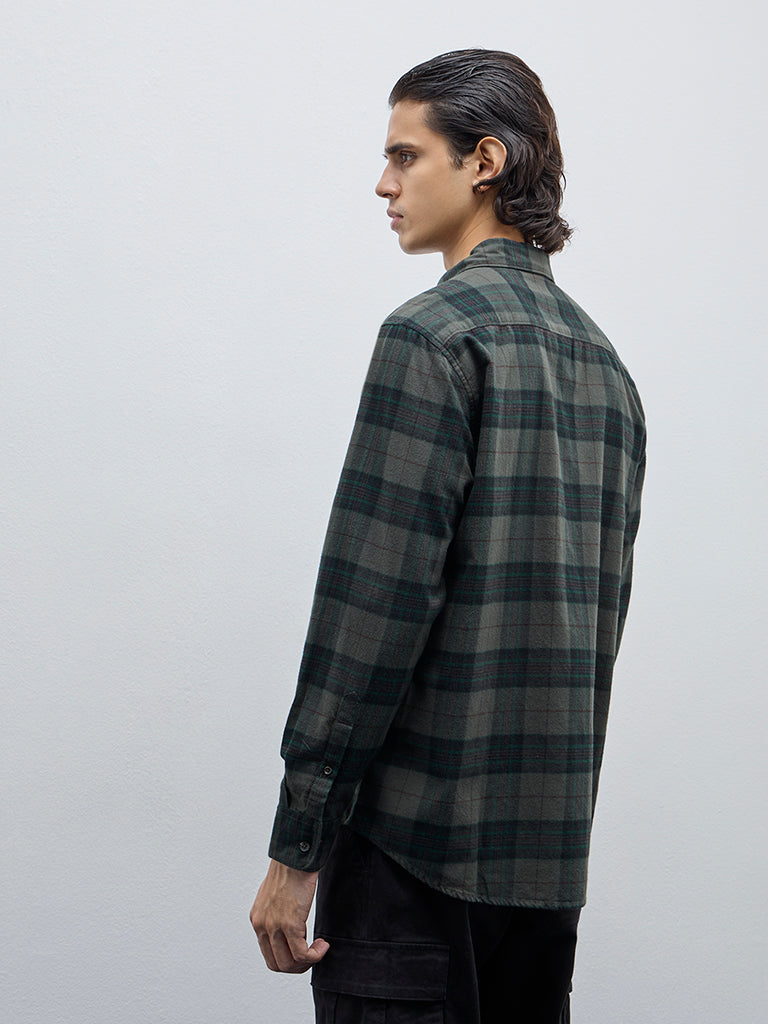 Westside WES Casuals Men's Dark Green Plaid Print Relaxed-Fit Cotton Shirt for Casual Wear Back View