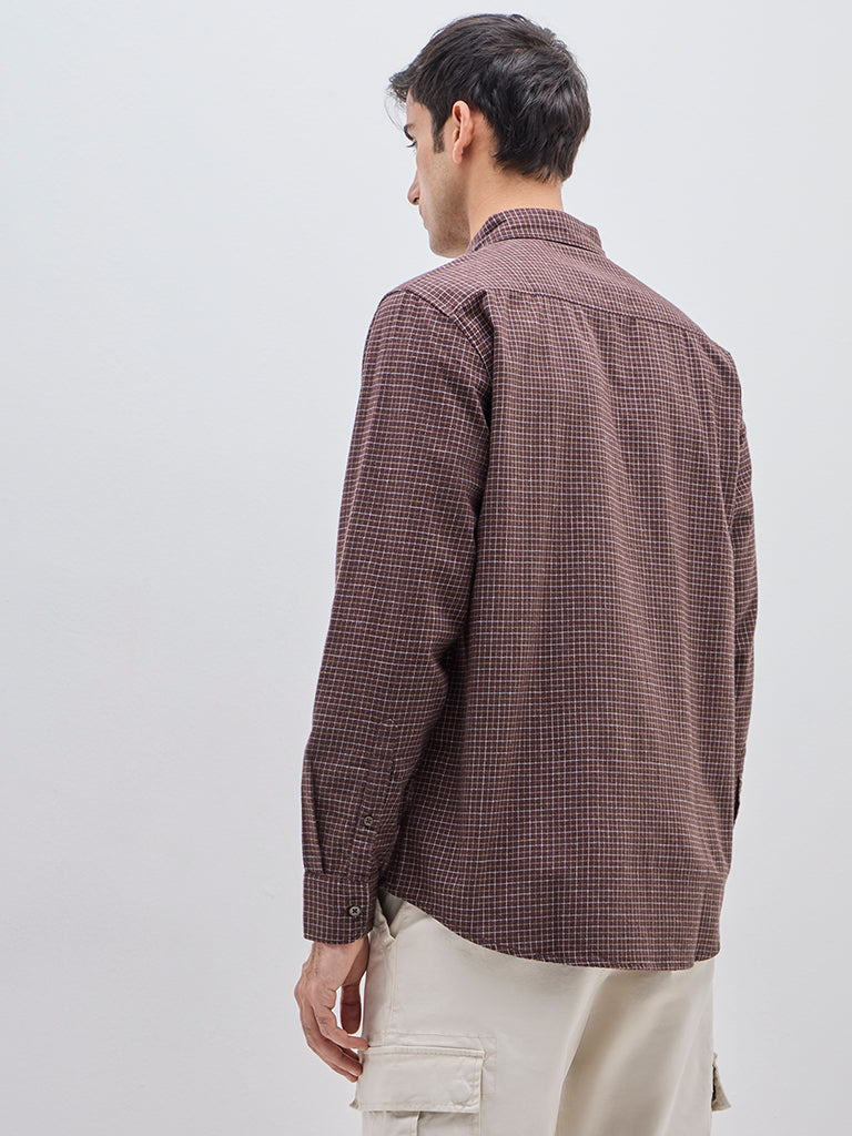 Westside WES Casuals Men's Brown Checks Design Relaxed-Fit Cotton Shirt for Casual Wear Back View