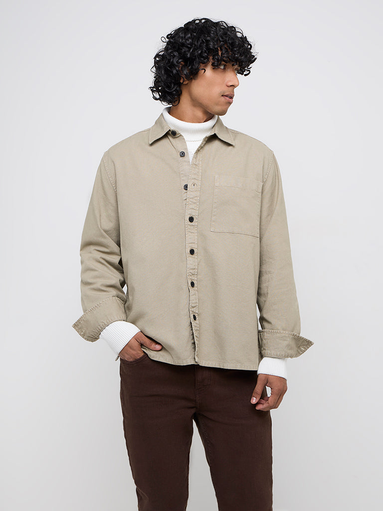 WES Casuals Beige Relaxed-Fit Cotton Shirt