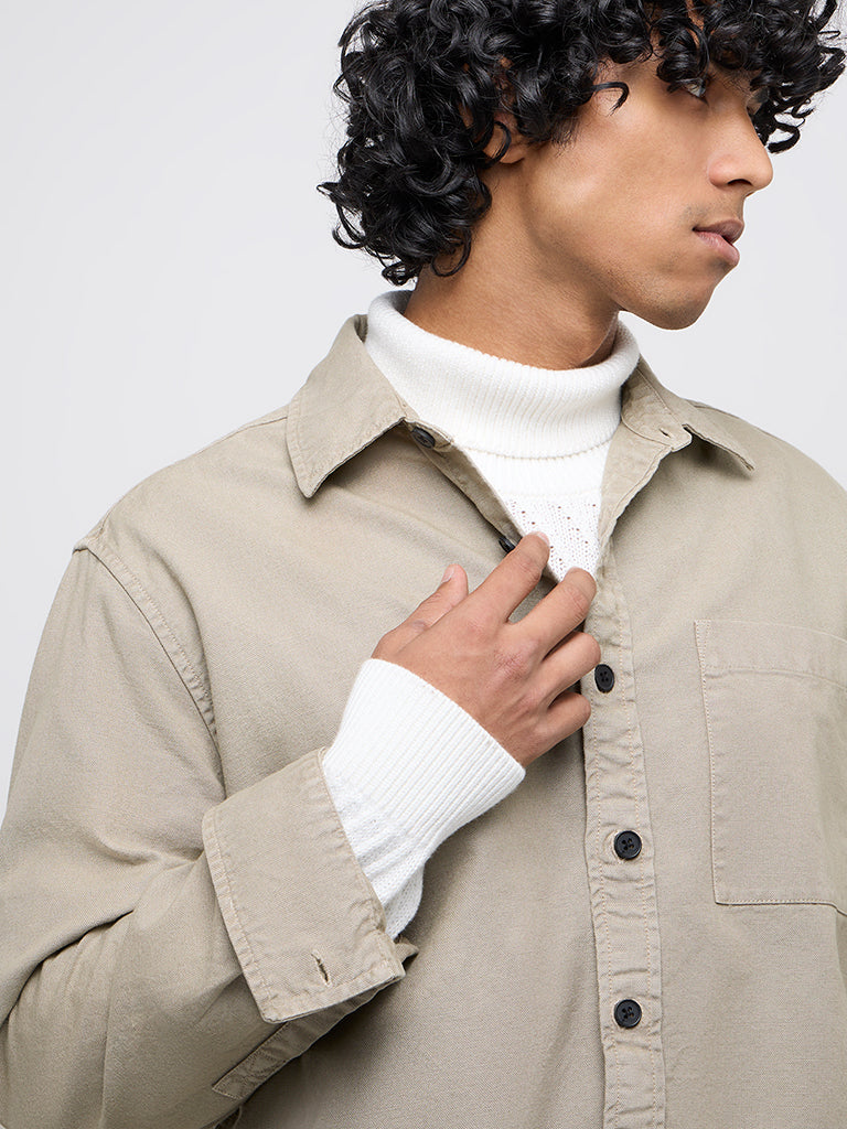 WES Casuals Beige Relaxed-Fit Cotton Shirt