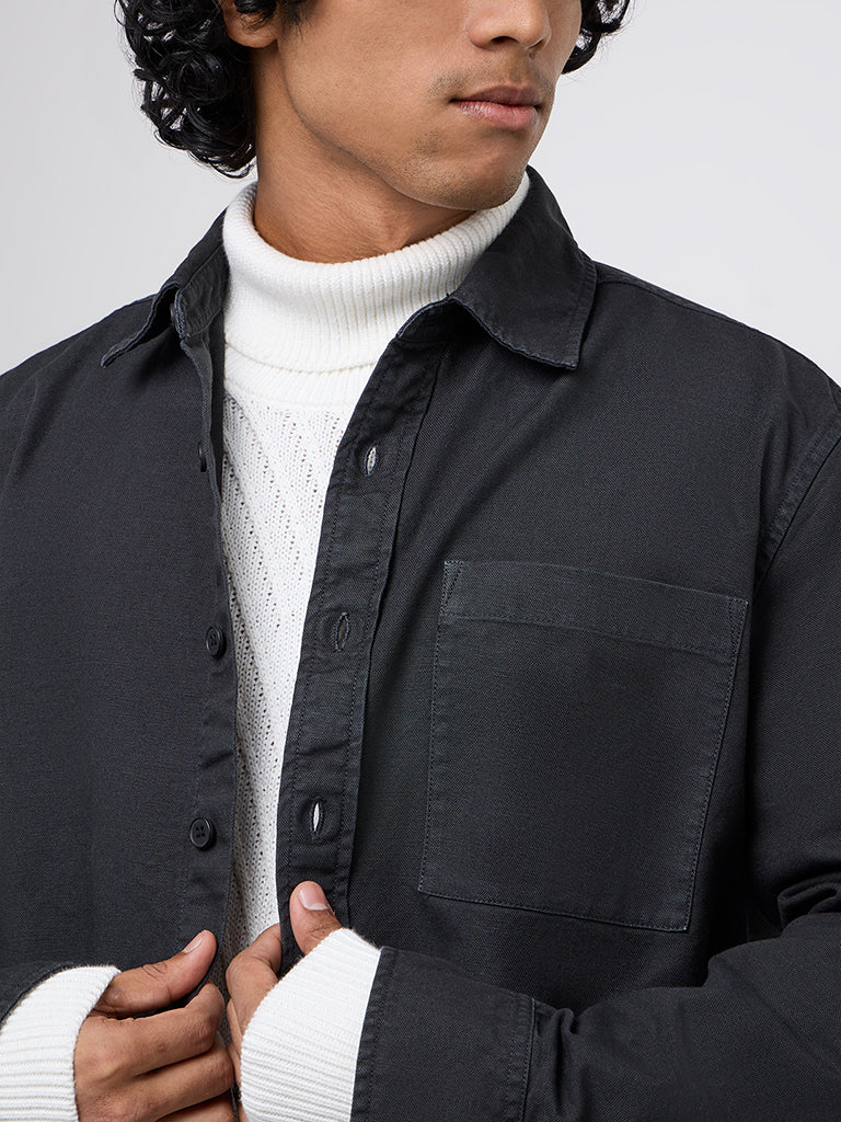 WES Casuals Charcoal Relaxed-Fit Cotton Shirt