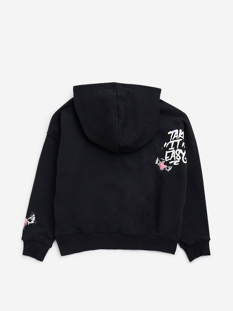 Y&F Kids Black Text Design Cotton-Blend Sweatshirt