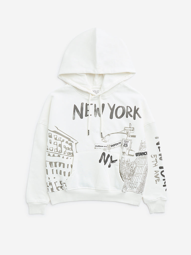 Y&F Kids Off-White Typographic Design Cotton-Blend Sweatshirt