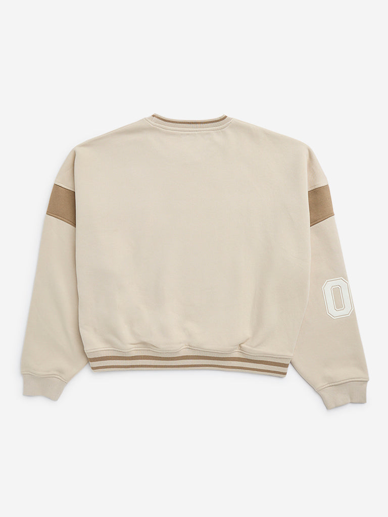 Y&F Kids Beige Text Printed Cotton-Blend Sweatshirt