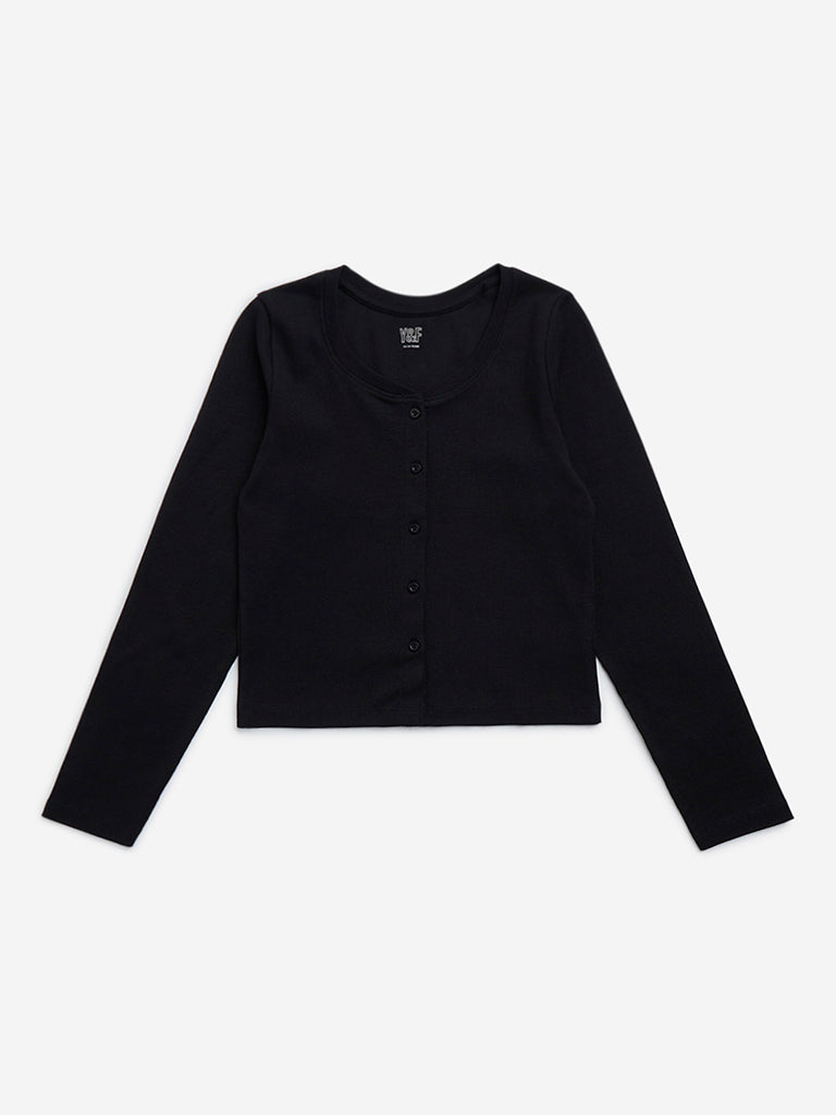 Y&F Kids Black Ribbed Textured Cotton-Blend T-Shirt