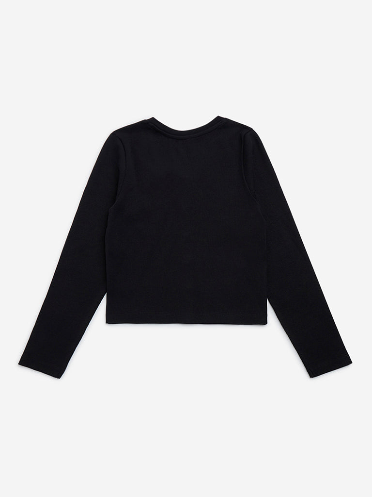 Y&F Kids Black Ribbed Textured Cotton-Blend T-Shirt