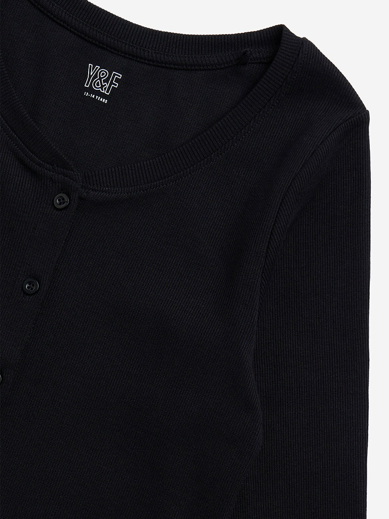 Y&F Kids Black Ribbed Textured Cotton-Blend T-Shirt