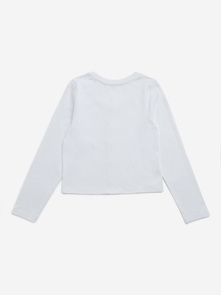 Y&F Kids White Ribbed Textured Cotton-Blend T-Shirt