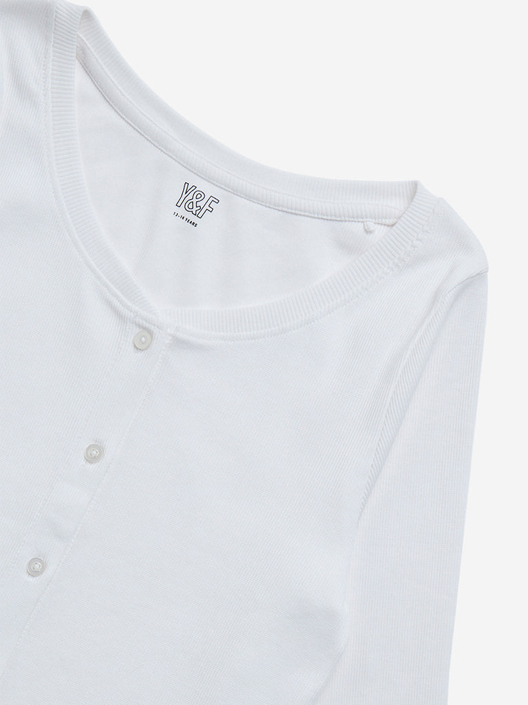 Y&F Kids White Ribbed Textured Cotton-Blend T-Shirt