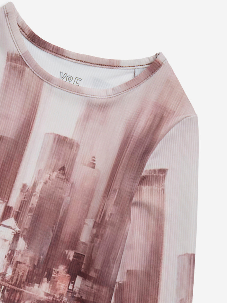 Westside Y&F Girl's Brown Cityscape Print Top for Casual Wear Zoomed View