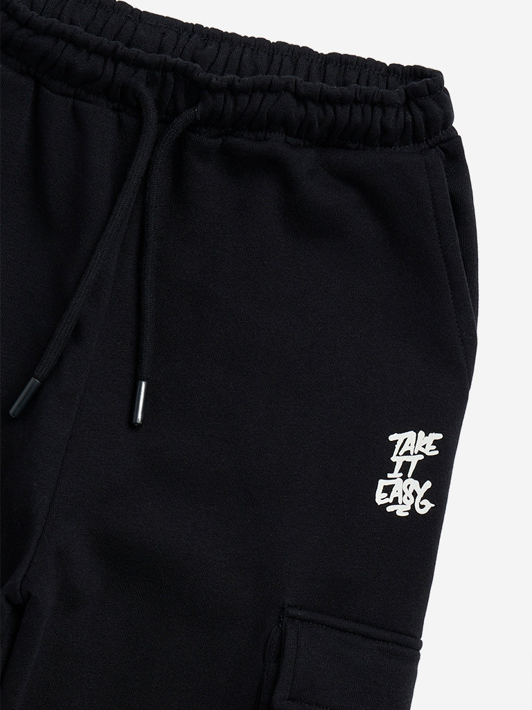 Westside Y&F Girl's Black Relaxed-Fit Mid-Rise Cargo Cotton-Blend Joggers for Casual Wear Zoomed View